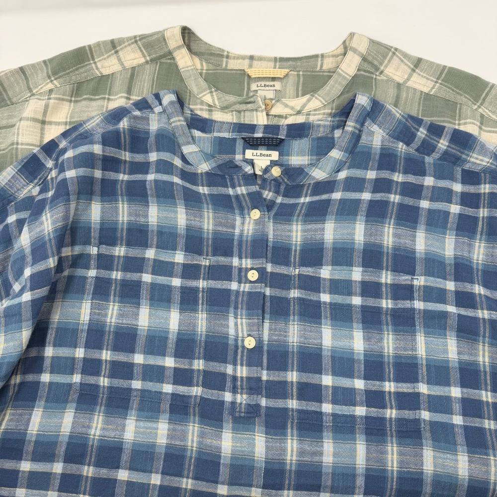 LL Bean Day Breeze Popover Shirts Blue Green Plaid Women's Size Large Lot Of 2